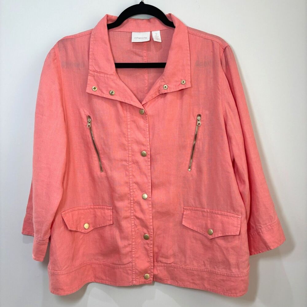 Chicos Coral Pink 100% Linen Jacket Blazer L/12 Gold Hardware Lightweight Beachy